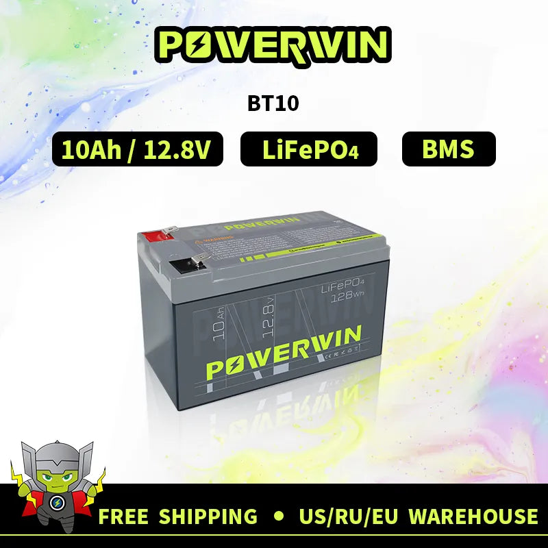 POWERWIN BT10 12V 10Ah LiFePO4 Battery 4000+ Deep Cycle Built-in BMS Rechargeable Off-grid Solar Energy Fish Electric Veh Toy RV